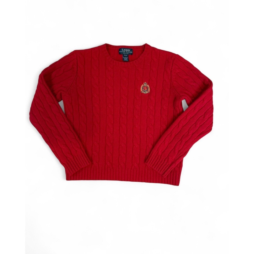 Vintage Lauren Ralph Lauren Petite Red Lambswool Cable Knit Crest Sweater P/M